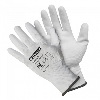 Перчатки "Для точных работ", полиэстер, полиуретановое покрытие, без и/у, 9(L), белые, Fiberon