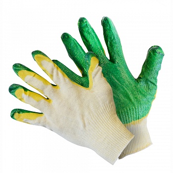 Перчатки вязаные ХБ, с двойным латексным покрытием, белый + зелено-желтый